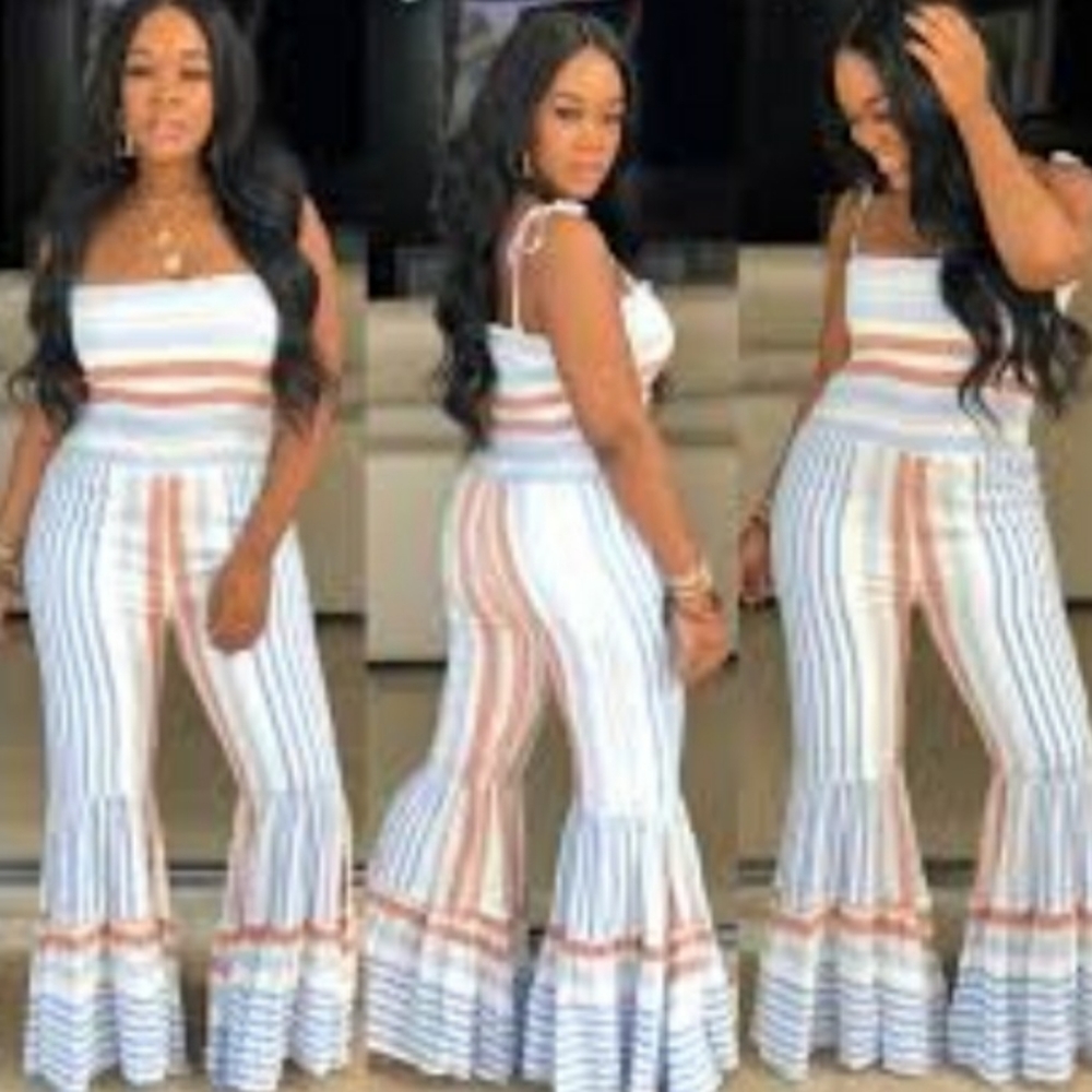 PANTS STORE JUMPSUIT WOMEN'S SEXY STRIPED TIE STRAPS SHIRRING BELL BOTTOM SIZE S